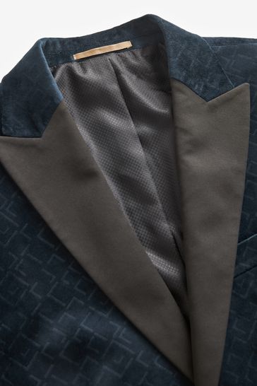 ONS435 Navy Slim Fit Patterned Velvet Suit - Image 8