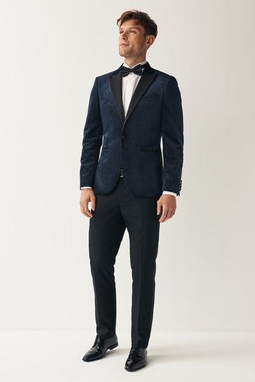 ONS435 Navy Slim Fit Patterned Velvet Suit - Image 2