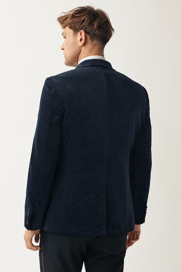 ONS435 Navy Slim Fit Patterned Velvet Suit - Image 3