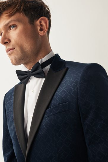 ONS435 Navy Slim Fit Patterned Velvet Suit - Image 4