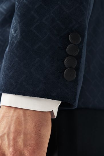 ONS435 Navy Slim Fit Patterned Velvet Suit - Image 5