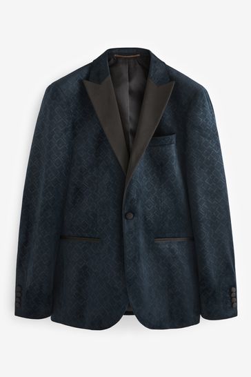 ONS435 Navy Slim Fit Patterned Velvet Suit - Image 6