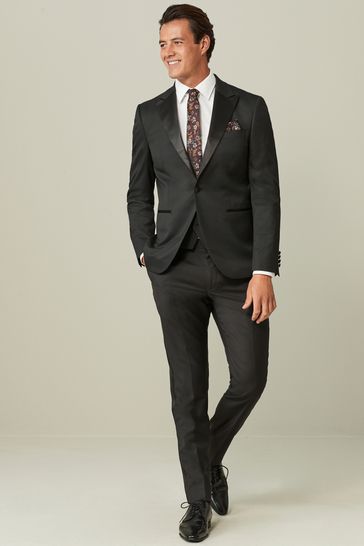 ONS429 Black Wool Blend Shiny Tuxedo Suit - Image 2