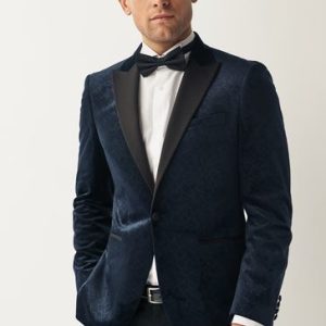 ONS435 Navy Slim Fit Patterned Velvet Suit