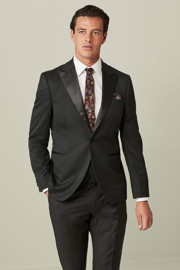 ONS429 Black Wool Blend Shiny Tuxedo Suit